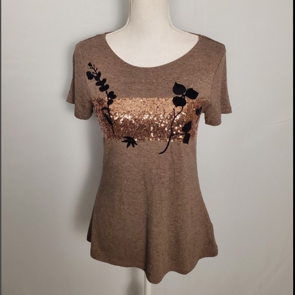 Apt. 9 Tops - Apt. 9 Brown Sequin Embellished Short Sleeve Tee